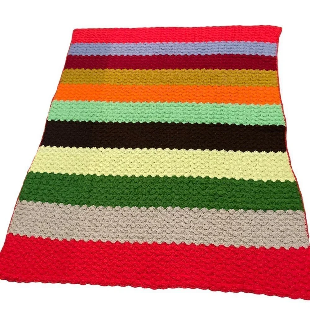 Vintage Crocheted Granny Blanket Multicolored Large Stripes Shell Pattern 64 x 7